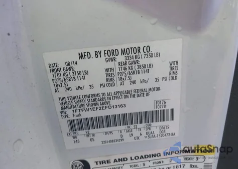 2014 Ford F-150 Xlt из США, поврежденный, VIN 1FTFW1EF2EFD13163